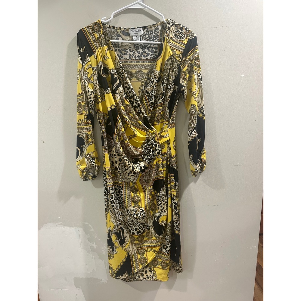 Carmen Marc Valvo Yellow Baroque Leopard Print Faux Wrap Dress Gold Stud Medium